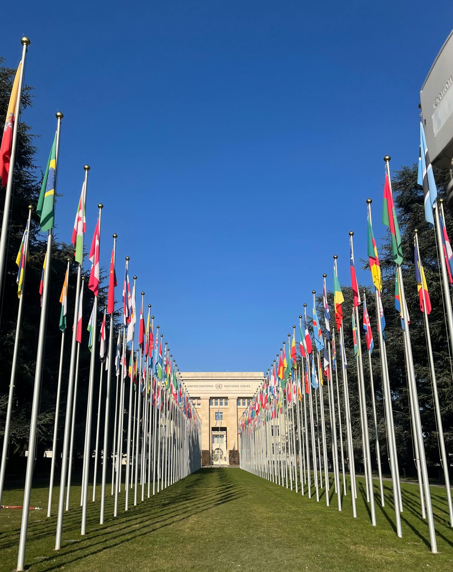 Flags outside the United Nations Office in Geneva under a clear blue sky.